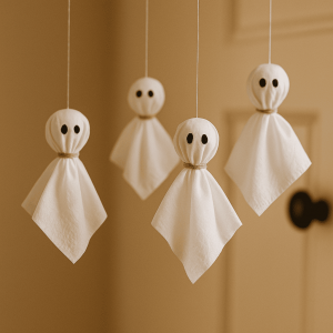 fantasmini di Halloween fai-da-te con fazzoletti e spago
