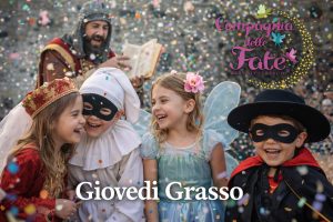 Bambini travestiti che festeggiano il Giovedì Grasso 2026 tra coriandoli, maschere e tradizioni del Carnevale