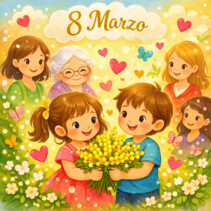 Bambini che regalano un mazzo di mimose a un gruppo di donne sorridenti, atmosfera festosa e affettuosa per l'8 Marzo.