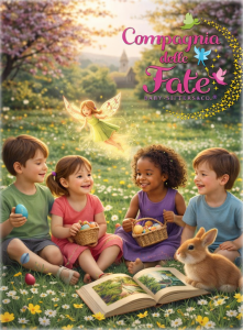 Pasqua 2026 bambini: piccoli che leggono un libro magico con un coniglietto in un prato fiorito per la Compagnia delle Fate.