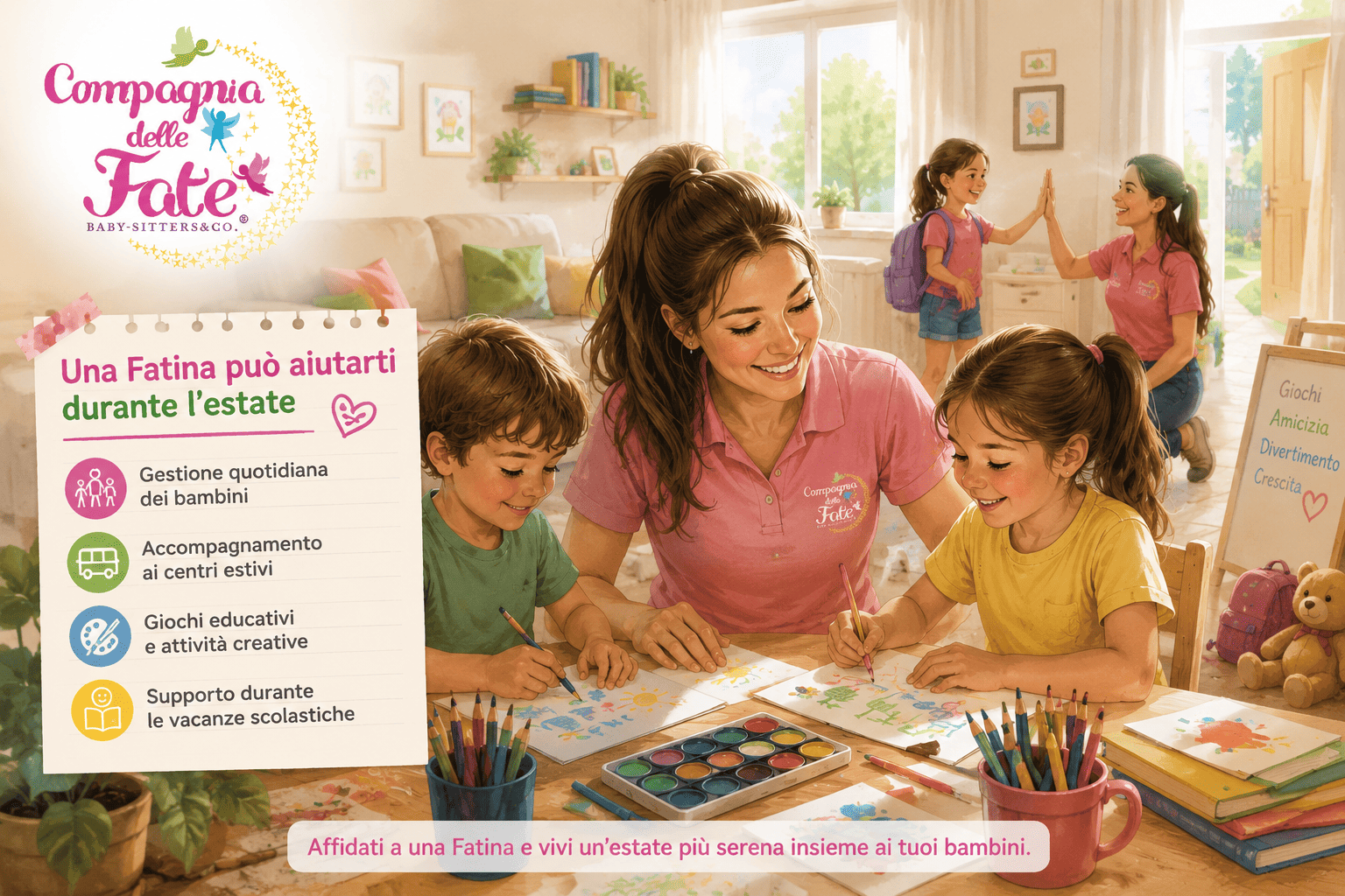 fatina aiuta bambini durante estate con giochi creativi e accompagnamento ai centri estivi